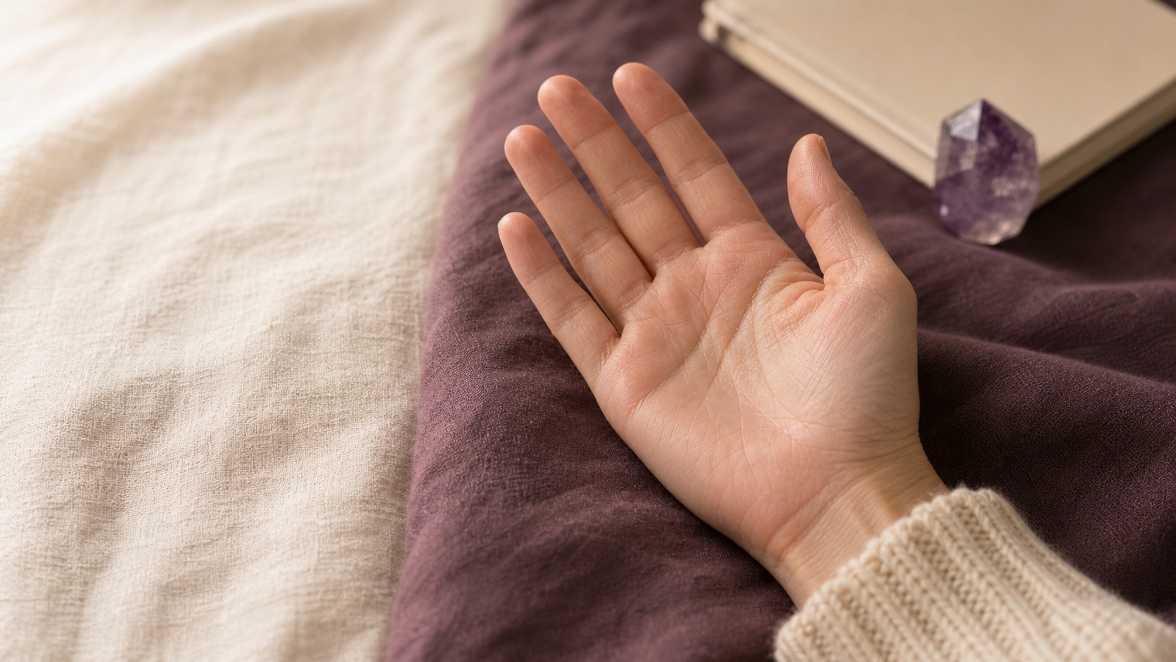 Close view of an open palm resting on plum fabric