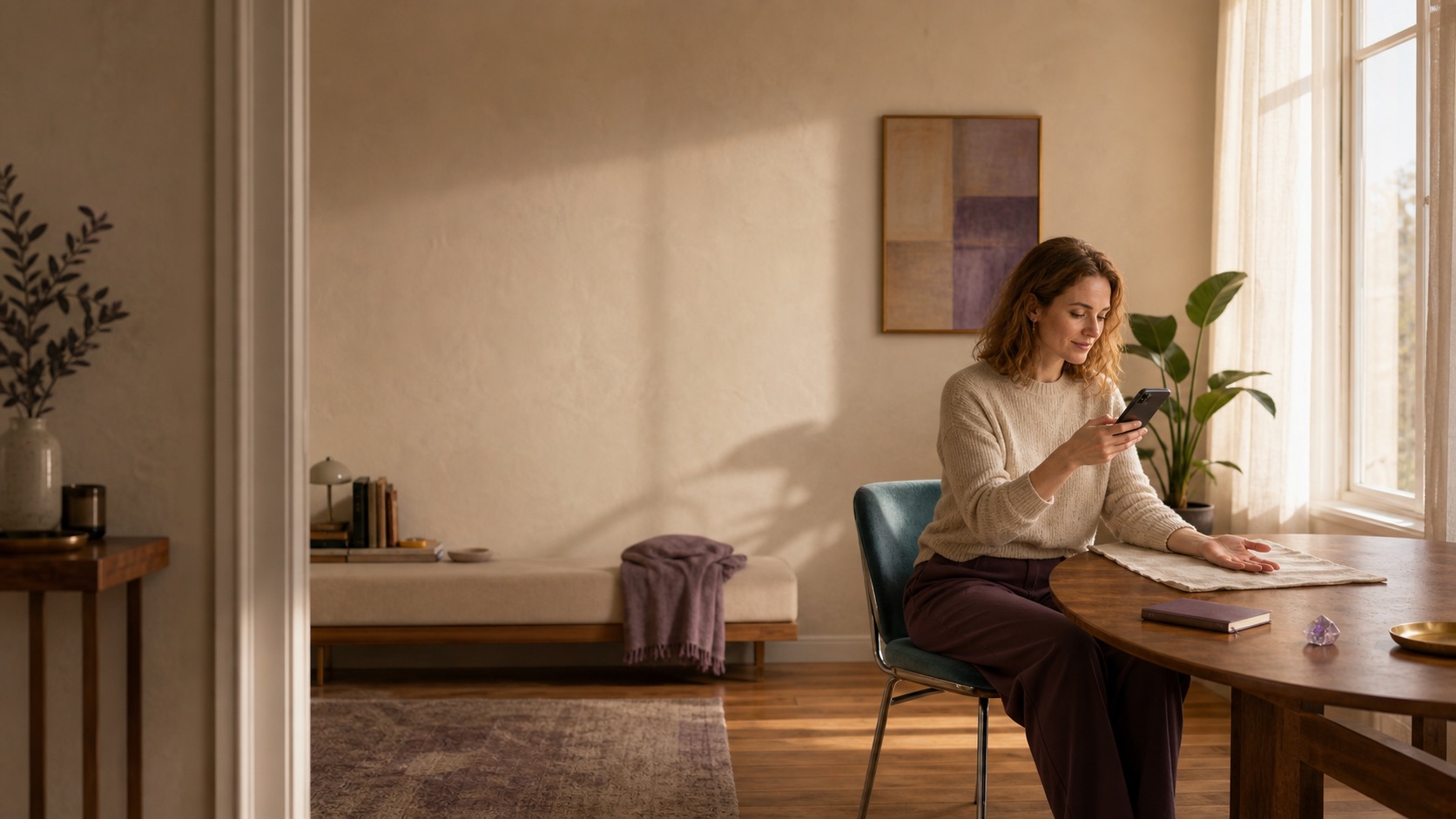 Woman preparing to photograph her palm in a calm, sunlit room