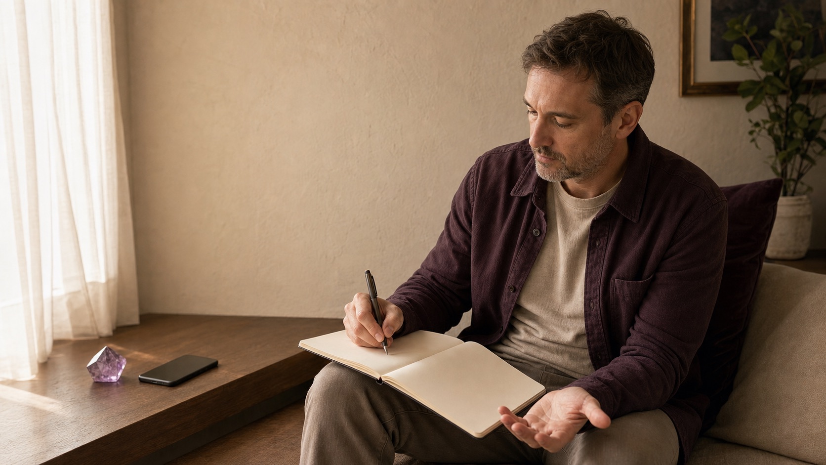 Person journaling quietly with one palm open by a window