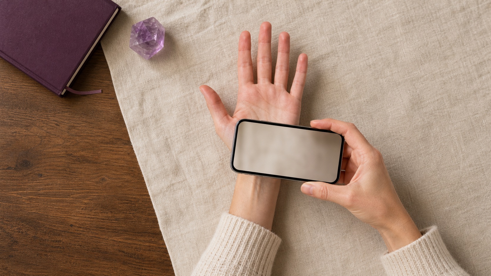 Overhead view of a person photographing an open palm with a phone